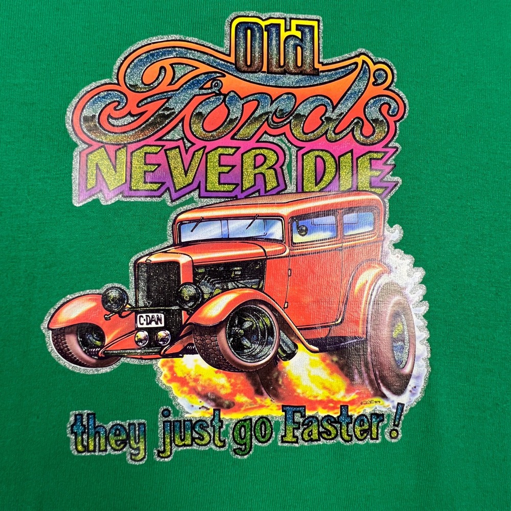 Vintage 80s Hot Rod T Shirt L Old Fords Never Die Stedman Single Stitch Green